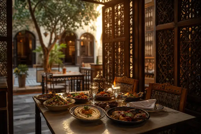 Elegant traditional Damascene courtyard restaurant interior at golden hour, warm ambient light, ornate wooden mashrabiya screens, empty set table with beautifully plated Levantine food, shallow depth of field, photojournalistic mood, no people, no text