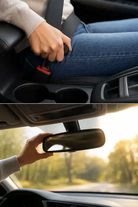 Interior of a modern car, close up of a hand fastening the seatbelt, adjusting the rear view mirror, warm daylight through the windshield, safety focused composition, no text no logos no faces