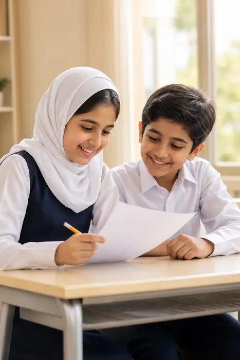 Bright warm photo of a Gulf Arab girl in a school uniform with a neat white hijab and a Gulf Arab boy in a plain school shirt reviewing a written page together at a desk with a pencil, smiling and satisfied, soft daylight, no text