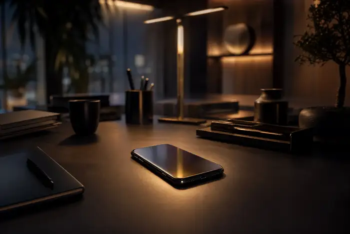 Dark moody modern office desk with a smartphone glowing softly, warm shallow depth of field, no people, premium calm mood