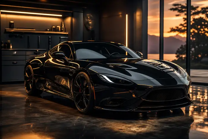 Sleek dark sports car with glossy ceramic-coated paint in a clean detailing garage at dusk, warm light reflections, premium cinematic mood, no text