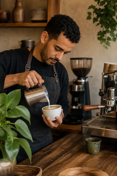 Barista pouring latte art into white cup at a specialty coffee bar, warm wooden counter, espresso machine, green plant, warm natural light, North African man