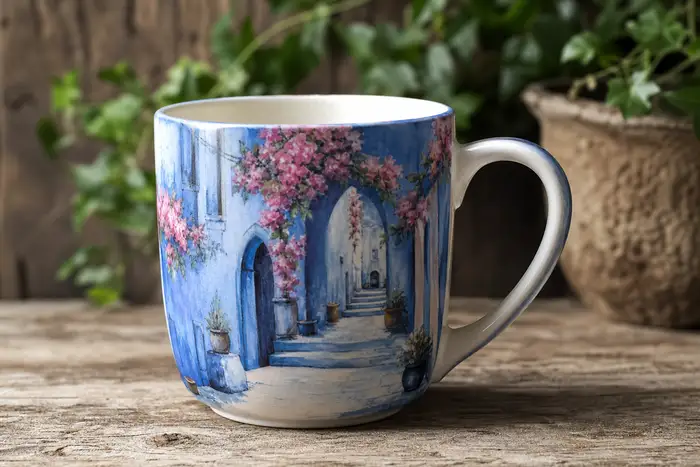 ceramic mug with painted blue alley and pink flowers illustration on rustic wooden table, photographic
