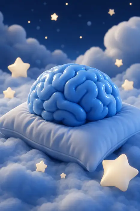 soft 3D rendered scene, a glossy blue brain-like cloud shape resting on a pillow among stars and clouds, calm dreamy mood, blue and white palette