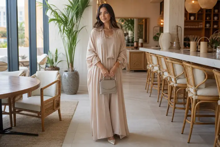 North African woman in an elegant beige outfit holding a small handbag, standing in a bright modern cafe, shoes partly visible, warm natural light, lifestyle photography