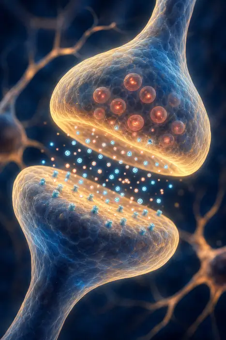 Close-up of a glowing synapse between two neurons with softly glowing blue and coral molecules drifting across the gap, clean editorial illustration style, warm cream and navy tones with yellow and teal highlights, textless