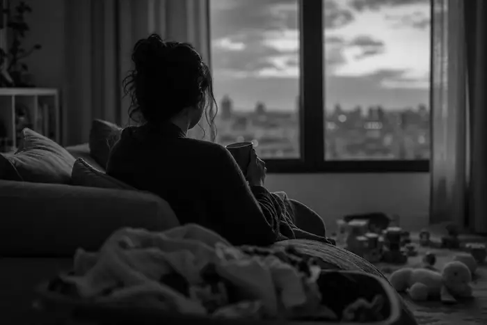 Soft dramatic low-key photograph of a Levantine Arab mother seen from behind, sitting alone on a sofa at dusk by a window, a mug in her hands, scattered children's toys and laundry blurred nearby, quiet reflective mood, black and white tones
