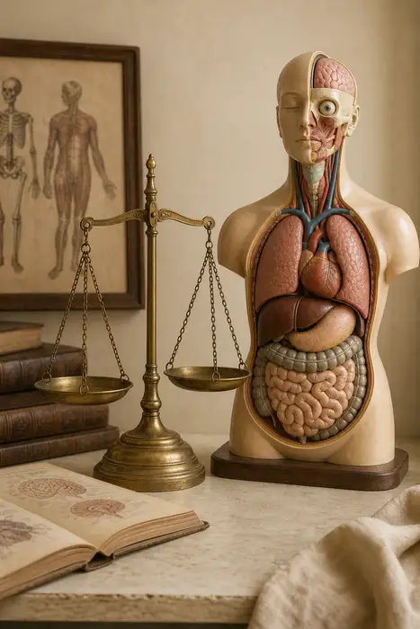 Human anatomy teaching scene, a vintage brass balance scale beside a simple torso anatomical model on a warm cream desk, soft studio light, calm educational mood