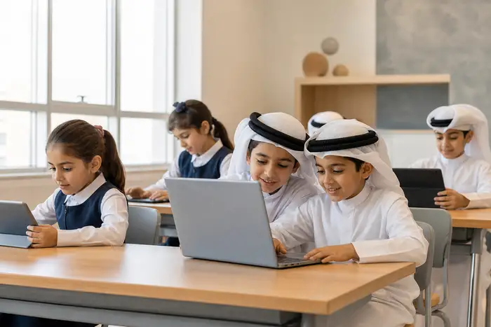 Gulf Arab (Khaleeji) primary school students learning with laptops and tablets in a modern bright Bahraini classroom, digital learning, collaborative mood, warm natural light, photographic, no text