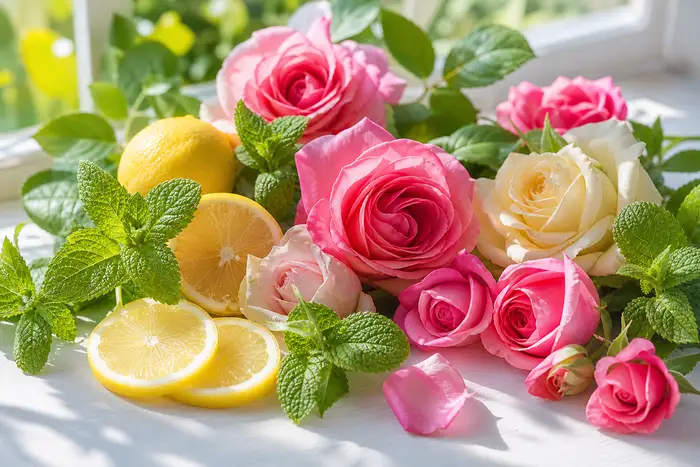 Fresh rose flowers, lemon slices and mint leaves arranged together on a bright table, soft natural daylight, friendly educational mood, no text