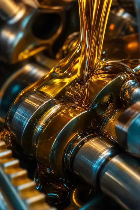 Close-up of golden engine oil flowing smoothly over polished steel machinery parts, macro, warm amber and teal highlights, no text