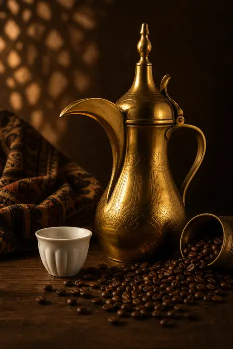 a traditional Saudi brass dallah coffee pot beside a small white cup and roasted coffee beans spilled on a dark wooden surface, warm golden studio lighting, soft shadows, premium editorial still life