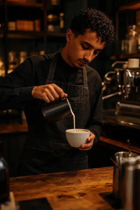 Premium specialty coffee bar interior, a young Maghrebi barista in a dark apron pouring steamed milk into a white ceramic cup, warm low-key light, rich shadows, wooden counter, espresso machine softly blurred in background, shallow depth of field, moody editorial hospitality photography