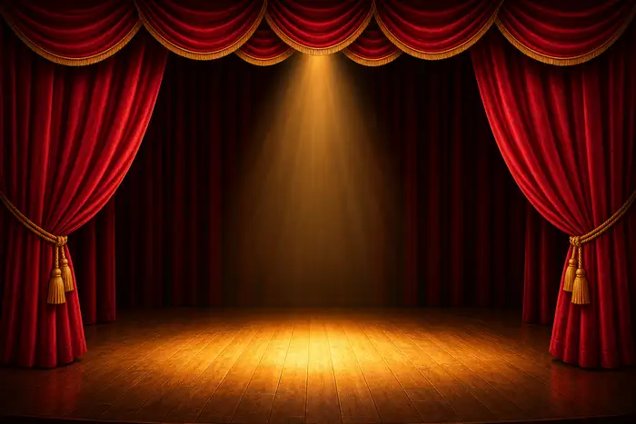 An empty theatre stage with deep red velvet curtains pulled open and a warm golden spotlight falling on the wooden floor, bright illustrated style, no people, no text