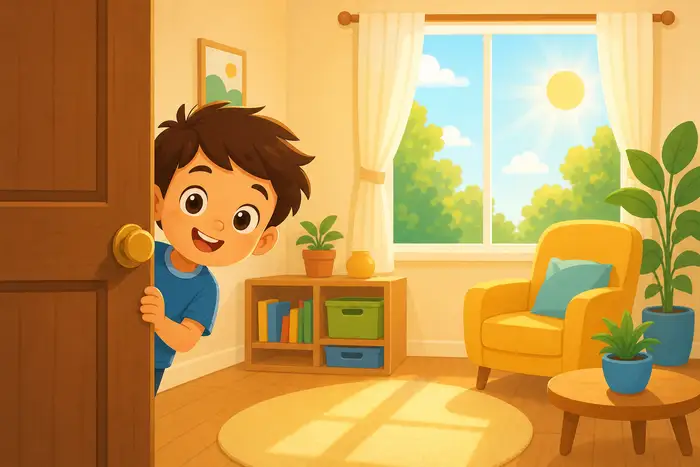 flat cartoon boy peeking through an open door into a bright cheerful sunny room, warm light, simple shapes