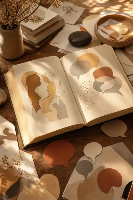 Open book of linguistics on a warm wooden desk, soft golden light, scattered pages, abstract speech bubbles shapes as paper cutouts, warm ochre and cream tones, editorial still life