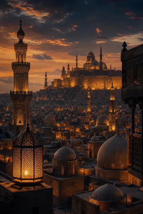 Historic Cairo citadel and old minarets at dusk, domes and rooftops of a medieval Islamic city, warm lantern light, sepia and navy mood, no people, no text