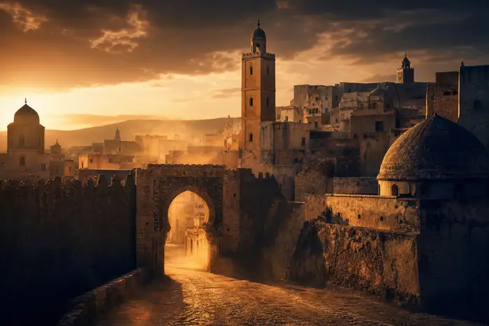 Historic North African medina at golden hour, old stone city walls, arched gateway and minaret silhouettes, desert dust in warm light, sepia and deep navy tones, cinematic and calm, no people