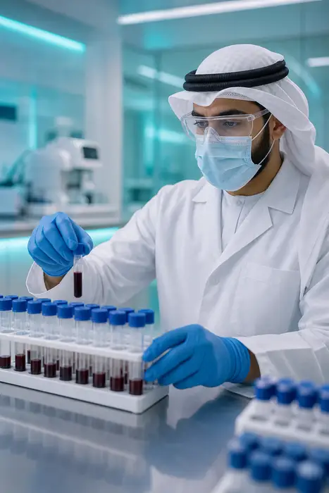 Clean modern medical laboratory, rows of sealed sample tubes in a rack, gloved hands of a Gulf Arab (Khaleeji) lab technician in a white lab coat and protective gear, soft teal lighting, no text
