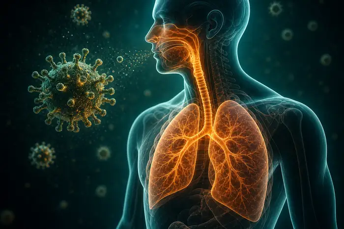 3D scientific rendering of a human respiratory system, translucent torso with glowing lungs and airways and a spiky virus particle approaching, teal and amber lighting, clean modern medical visualization, no text