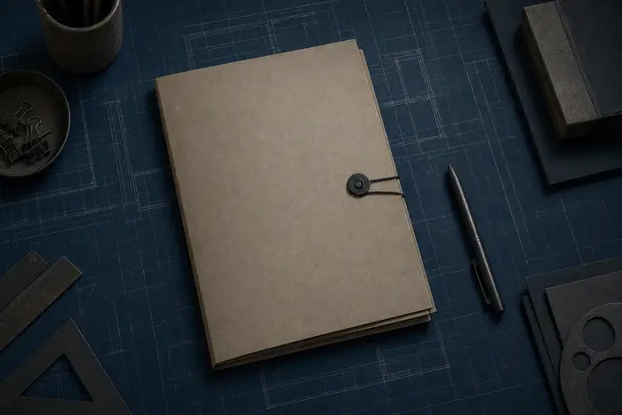 Muted desaturated architectural blueprint on deep navy, fine measurement lines and grid, a closed paper research folder and a pen on an administrative desk seen from above, subtle muted tones, no text